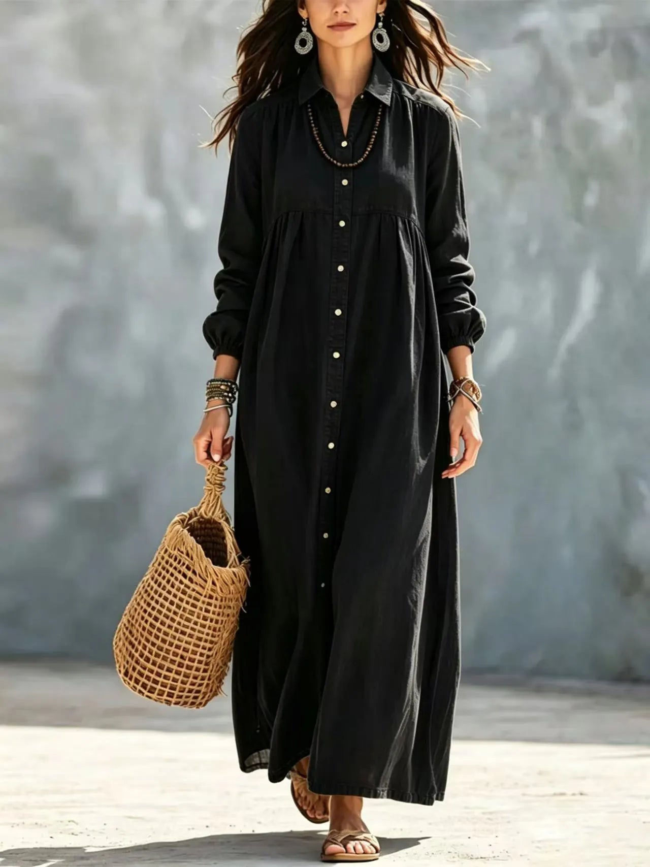 Solid Turn-Down Collar Button Down Ankle-Length Dress