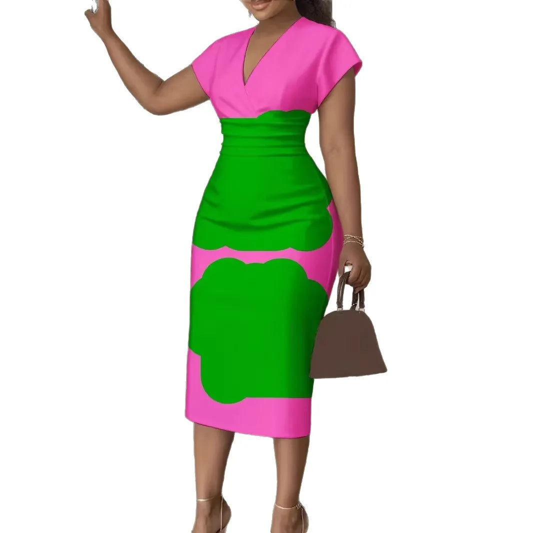 3D Stereoscopic Color Block Deep V-Neck Bodycon Midi Dress