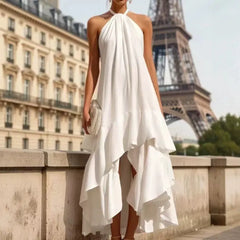 Halter Neck Solid Color Ruffle Asymmetrical Hem Long Maxi Dress