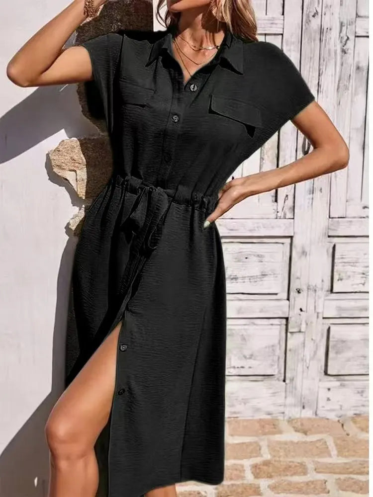 Green Tie-Waist Button-Front Shirt Maxi Dress