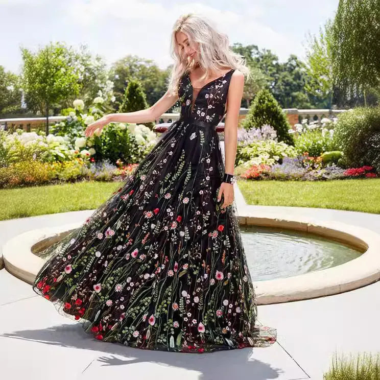 Deep V Sleeveless 3D Floral Embroidery Tulle Maxi Evening Dress