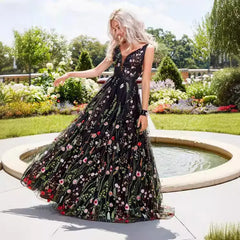 Deep V Sleeveless 3D Floral Embroidery Tulle Maxi Evening Dress