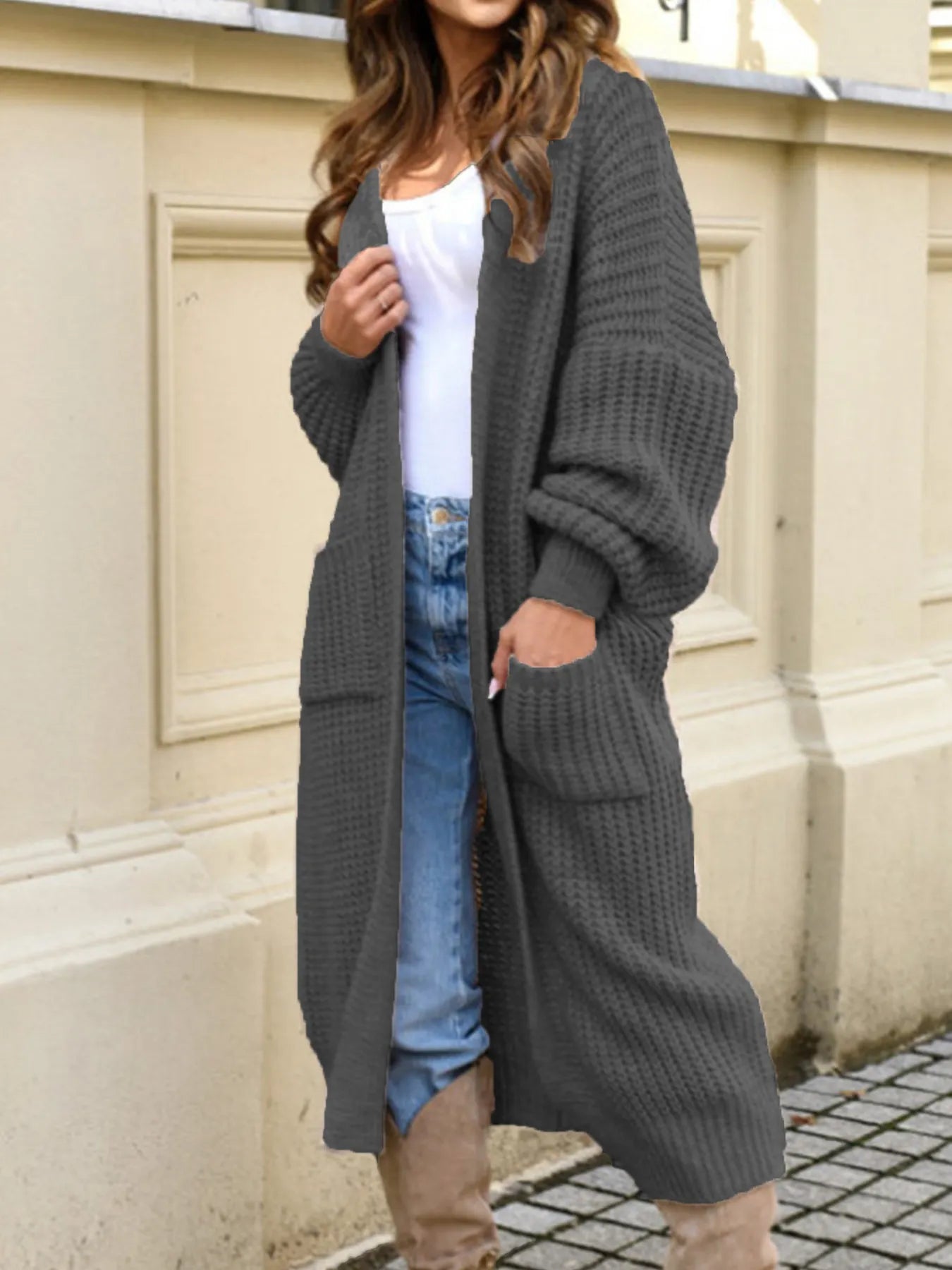 Lantern Sleeve Long Open Front Pocket Cardigan Sweater