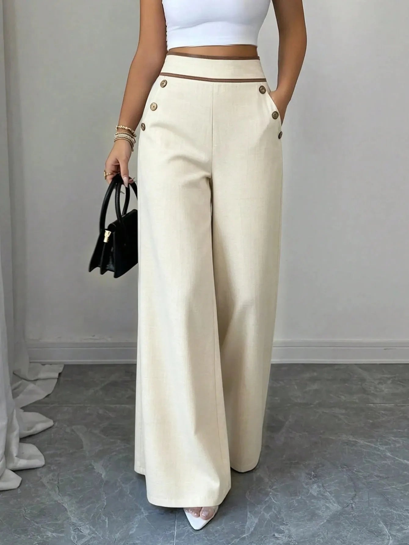 High Waist Button Decor Wide Leg Suit Pants
