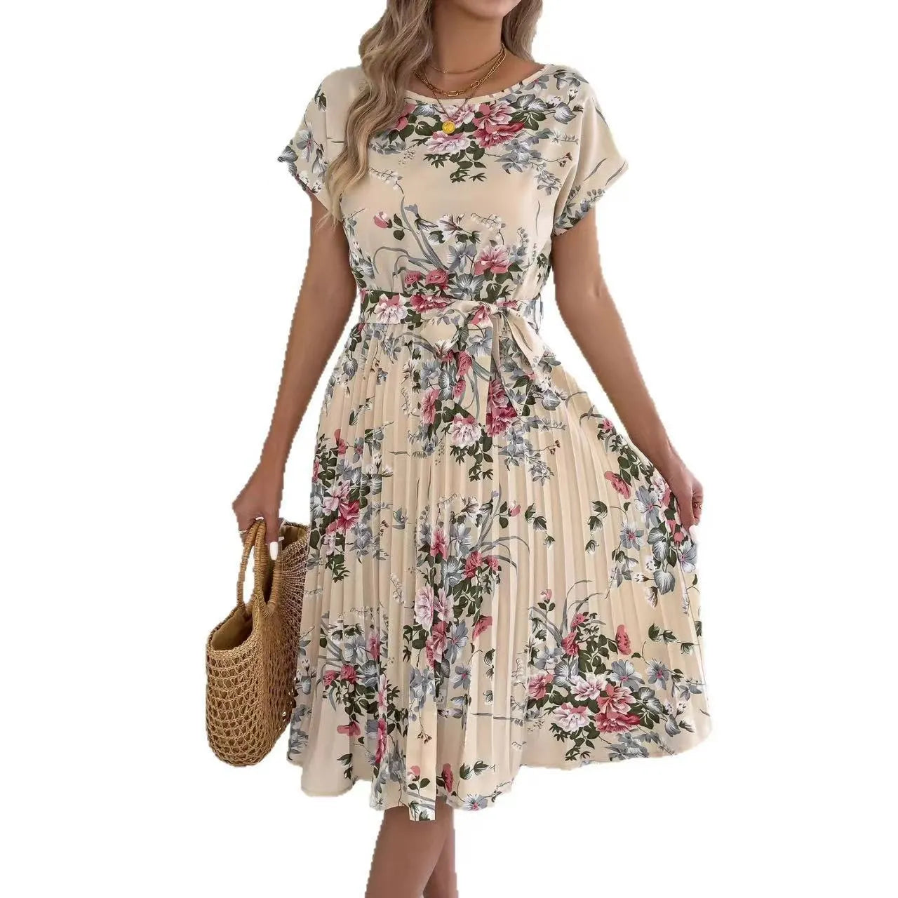 Floral Print Short Sleeve Pleated Midi Dress