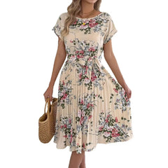 Floral Print Short Sleeve Pleated Midi Dress