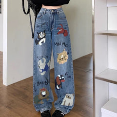 High Waist Animal Graphic Baggy Jeans, Cute Puppy Print Wide Leg Denim Trousers