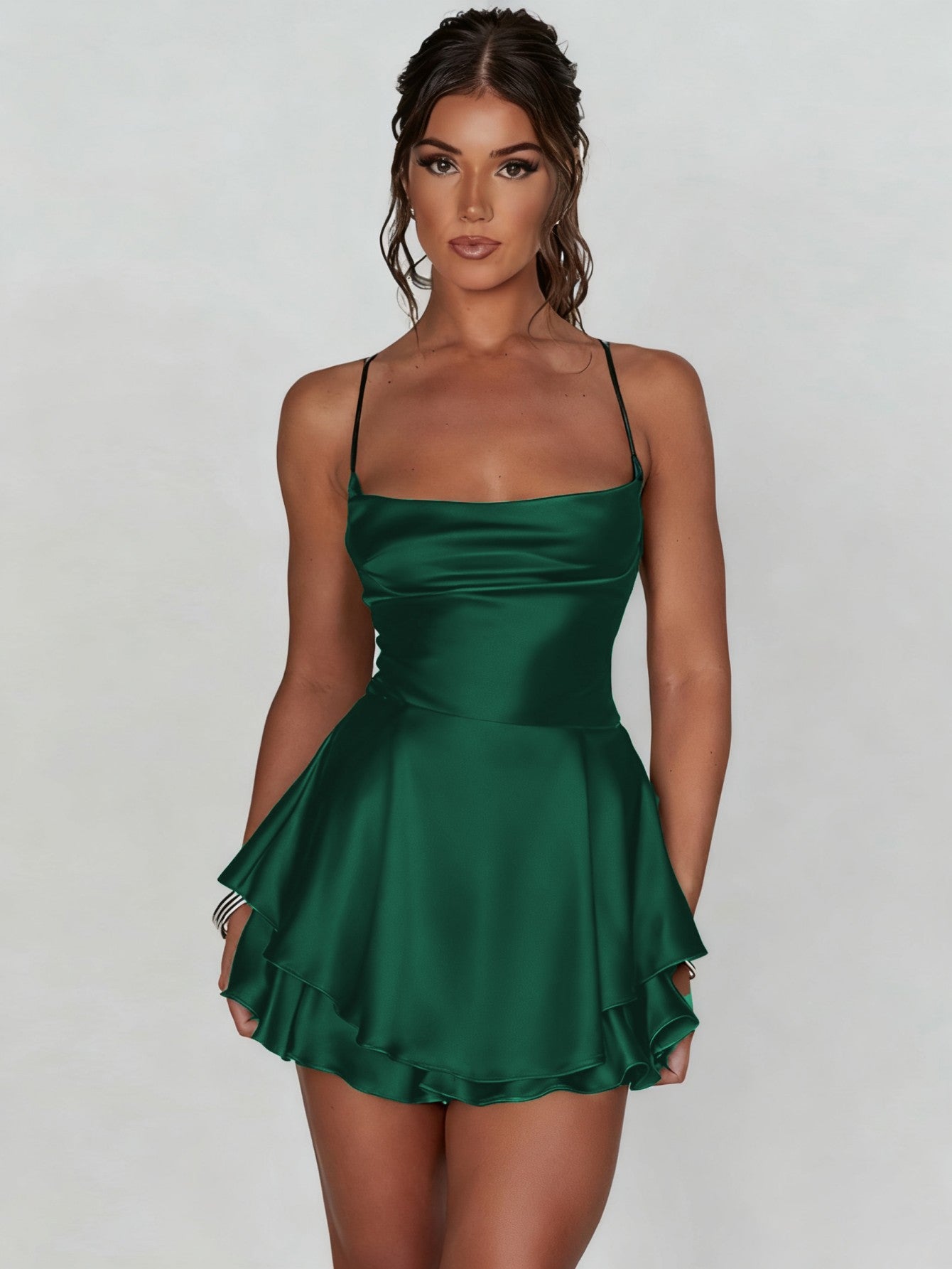 Square Neck Satin Spaghetti Strap Mini Dress
