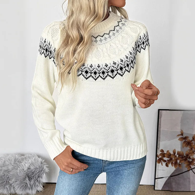 Fair Isle Pattern Crew Neck Sweater - Long Sleeve Casual Knit Pullover