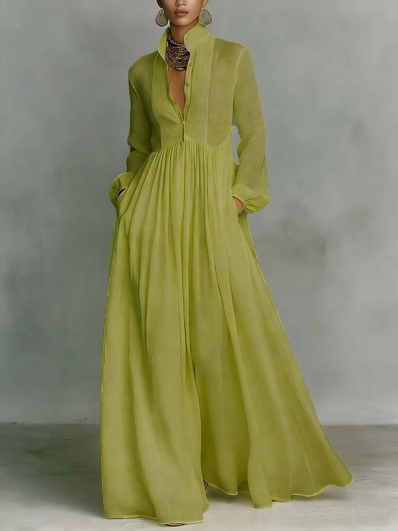White Stand Collar Pleated Long Sleeve Maxi Shirt Dress