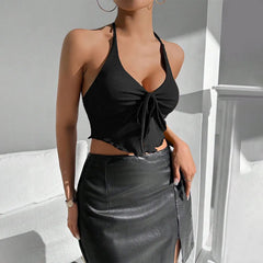 Halter Neck Ribbed Crop Top, Tie-Front Deep V Sleeveless Blouse