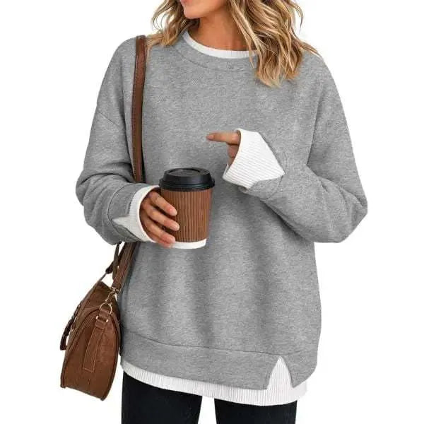 Fake Two Piece Sweatshirt, Black Base with Black White Stripe Cuff & Hem Detail