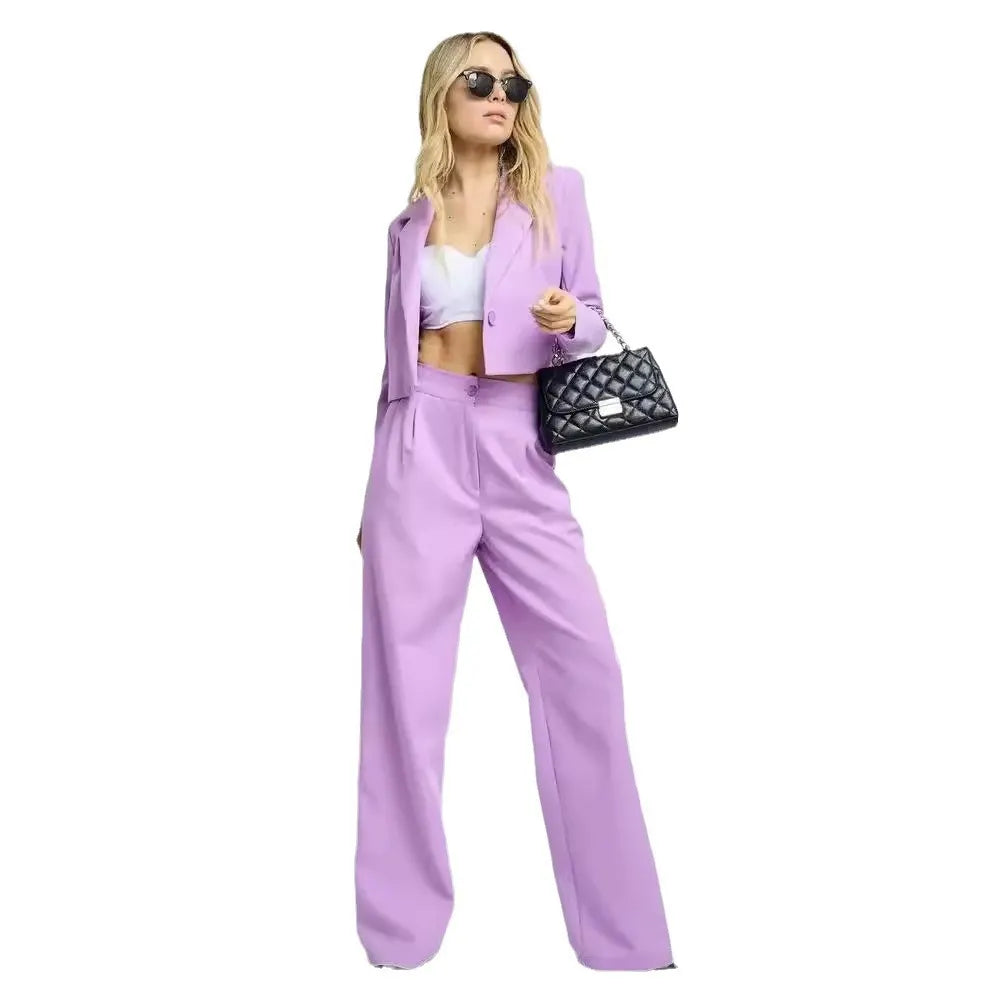 Solid Cropped Lapel Blazer & High Waist Wide Leg Pants Two Piece Suit Set