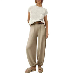 White Knit Short-Sleeve Top & Khaki High-Waisted Pants Two-Piece Set