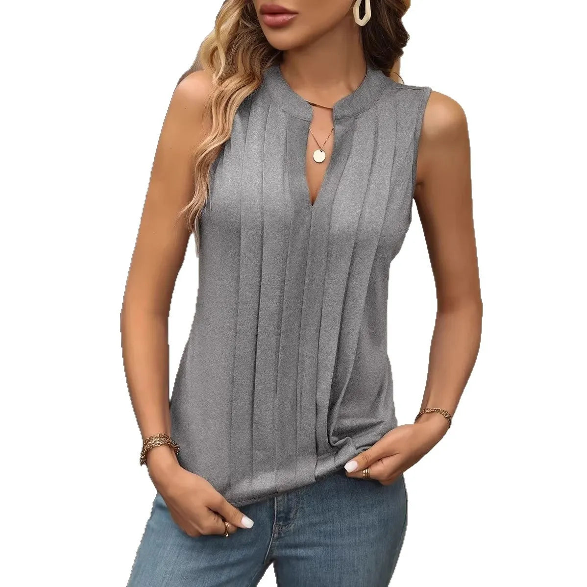 Sleeveless V-Neck Ribbed Knit Tank Top, Casual Solid Color Pullover Blouse