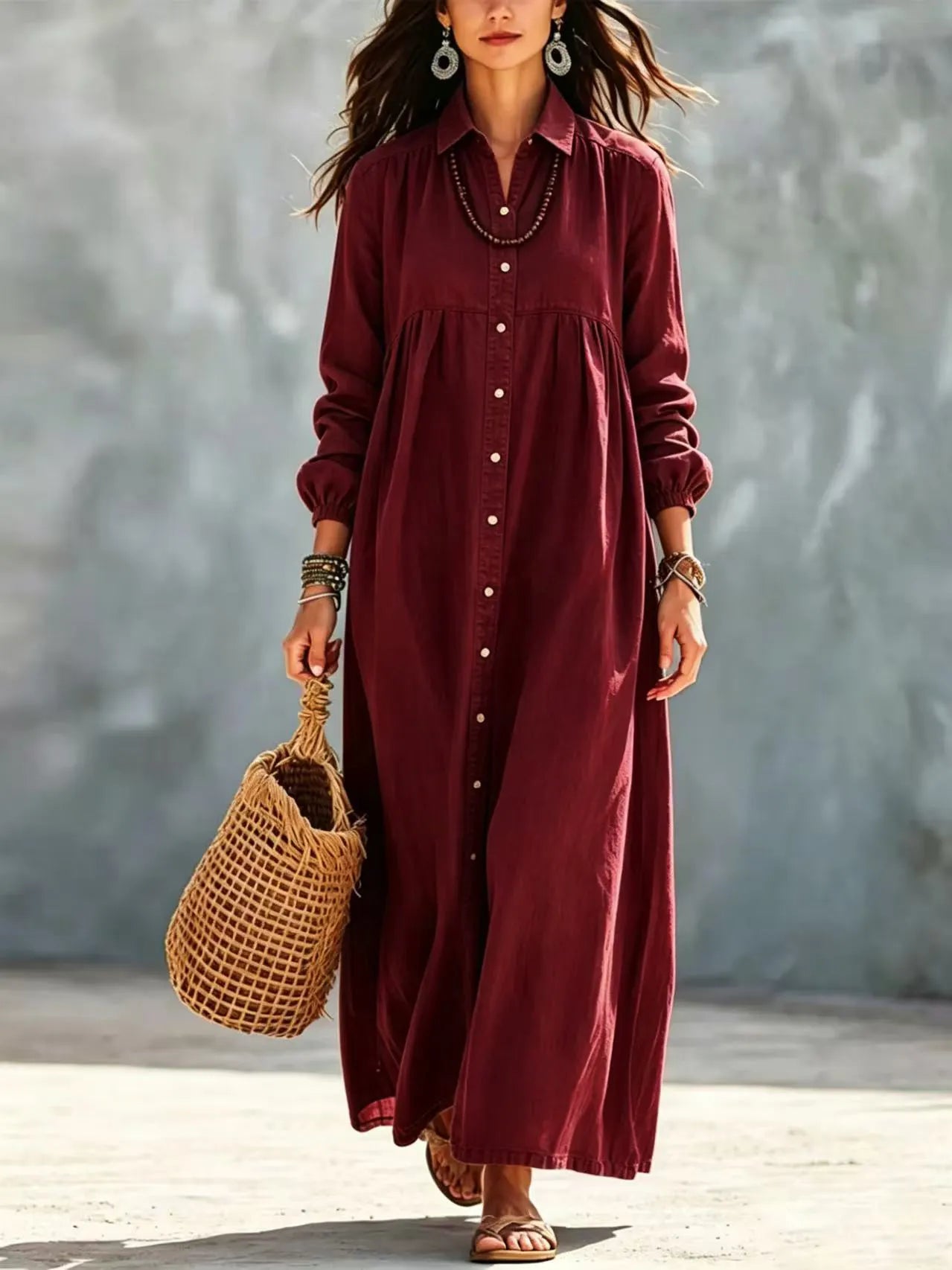 Solid Turn-Down Collar Button Down Ankle-Length Dress