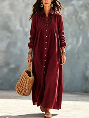 Solid Turn-Down Collar Button Down Ankle-Length Dress