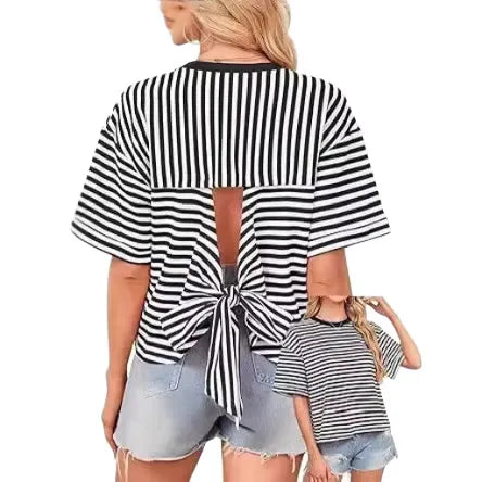 Crew Neck Horizontal Striped Loose Short Horn Sleeve Casual T-Shirt