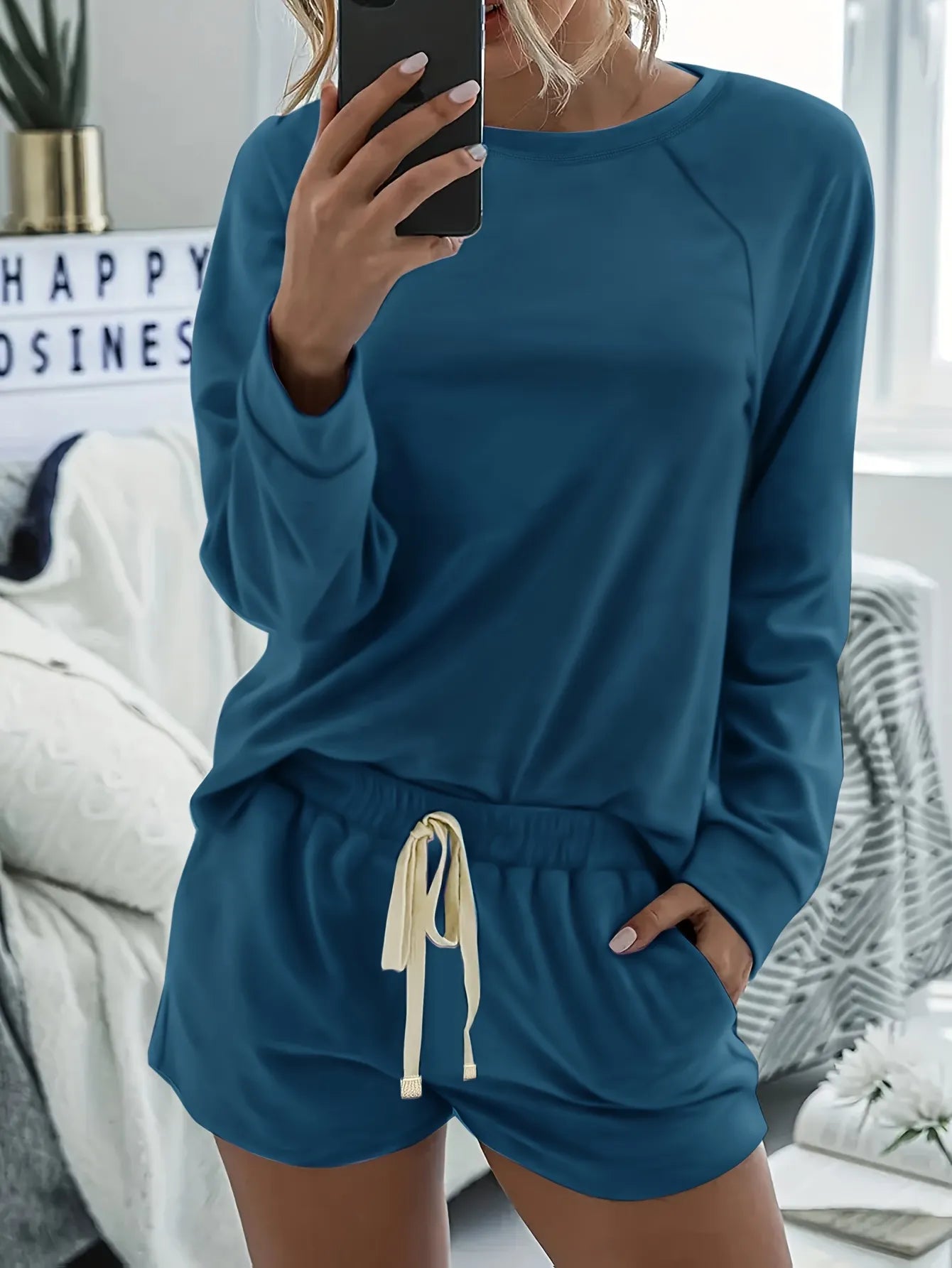Crew Neck Solid Raglan Long Sleeve Top & Drawstring Shorts Pajama Set