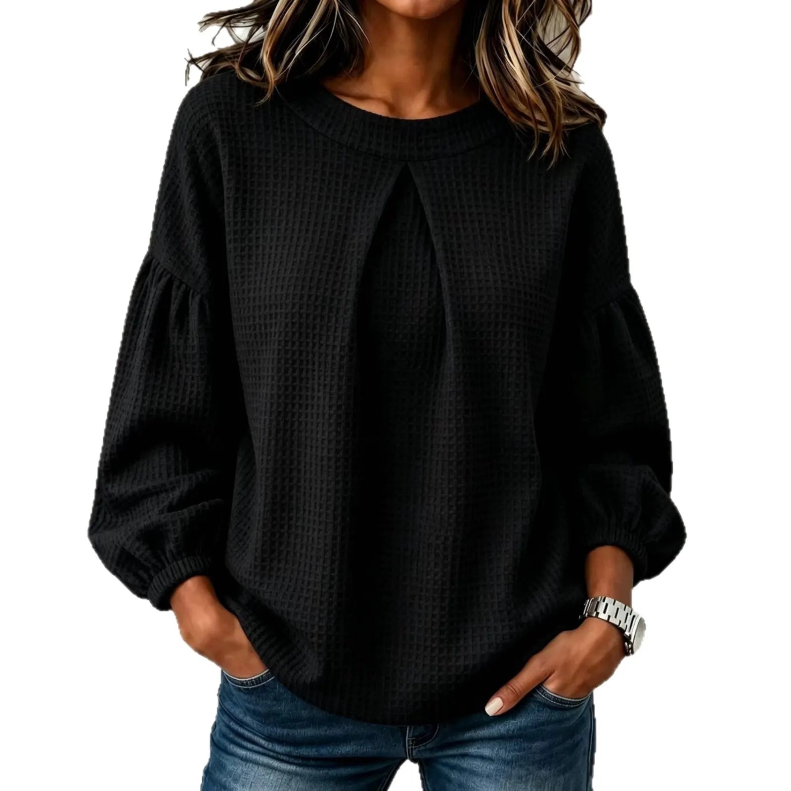 Waffle Knit Round Neck Blouse Pleated Front Balloon Long Sleeve Loose Casual Top