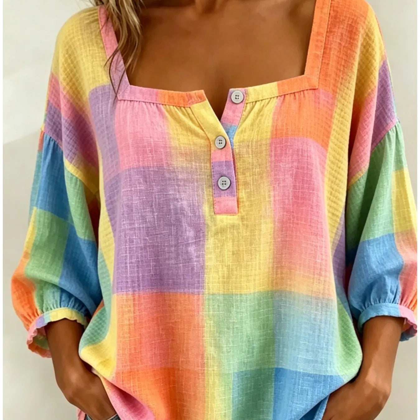 Plaid Square Neck Button Front Bubble 7/4 Sleeve Loose Casual Blouse