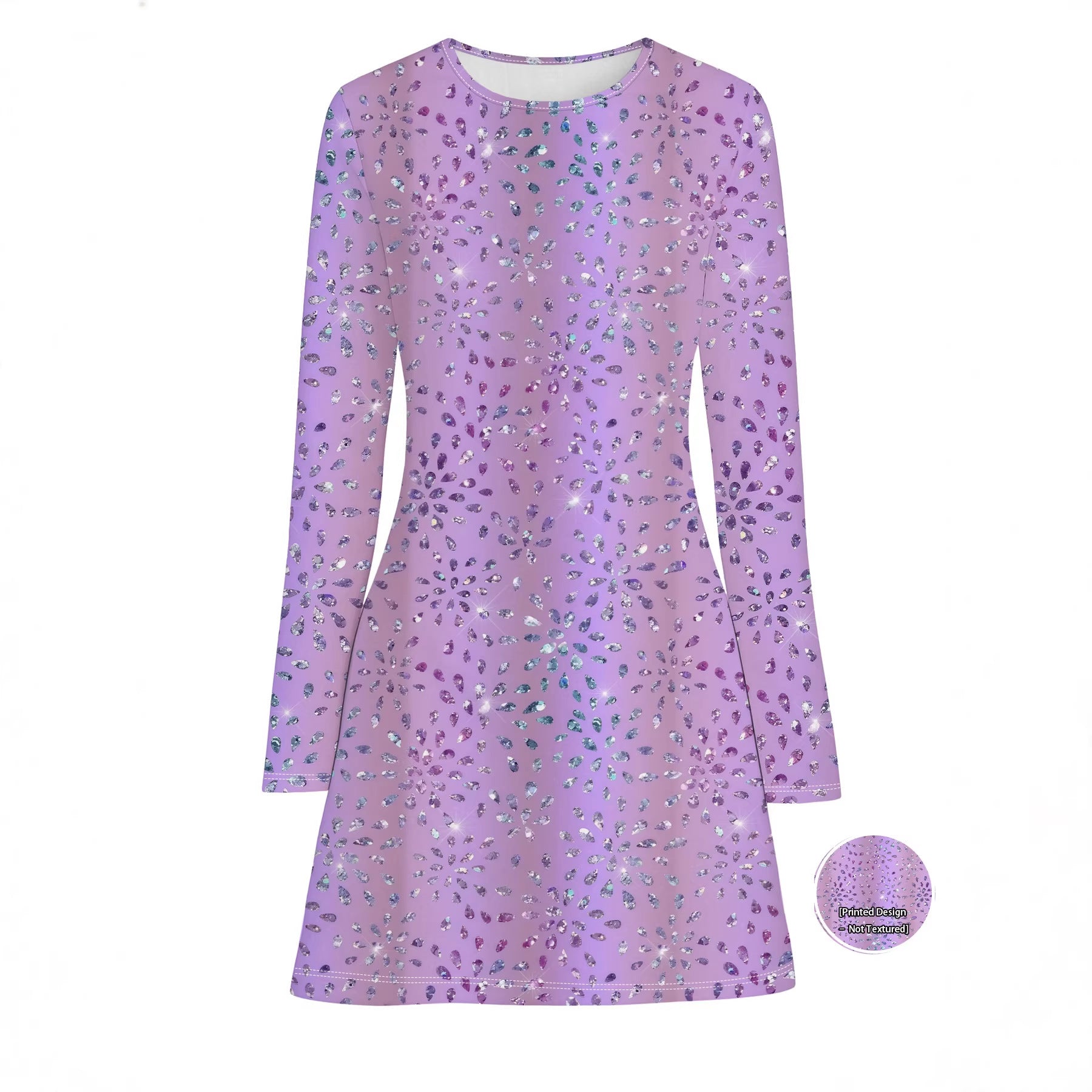 Holographic Star Print Round Neck Long Sleeve Midi Dress