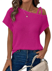Waffle Knit Asymmetrical Cold Shoulder T-Shirt