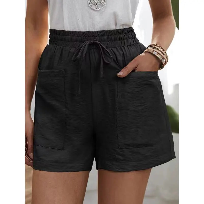 Solid Color Elastic Waist Drawstring Pocket Detail Wide Leg Shorts