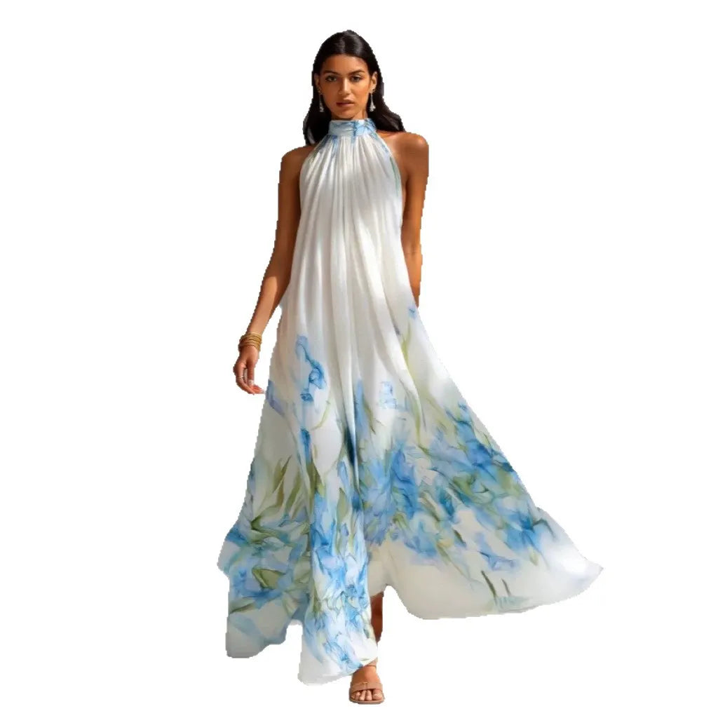 Halter Neck Floral Print Flowy A-Line Maxi Dress