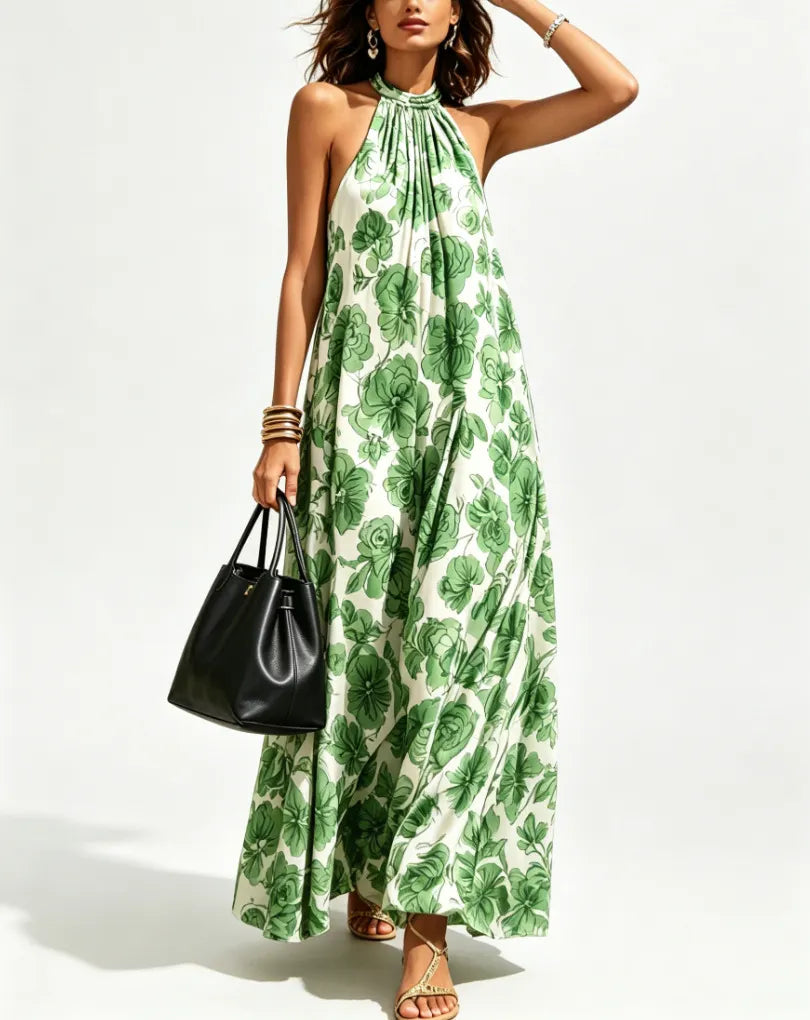 Halter Neck All Over Floral Print Loose Mid Waist Maxi Vacation Dress