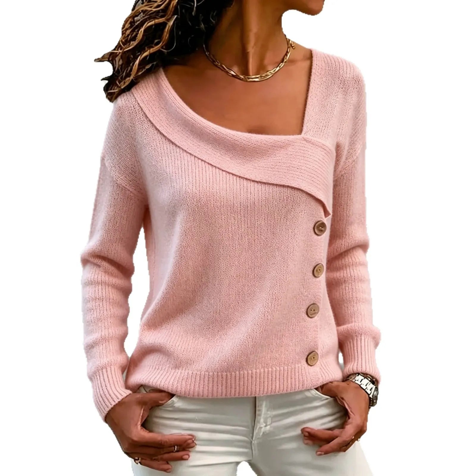 Asymmetric Neck Button Detail Knit Sweater Long Sleeve Loose Soft Pullover