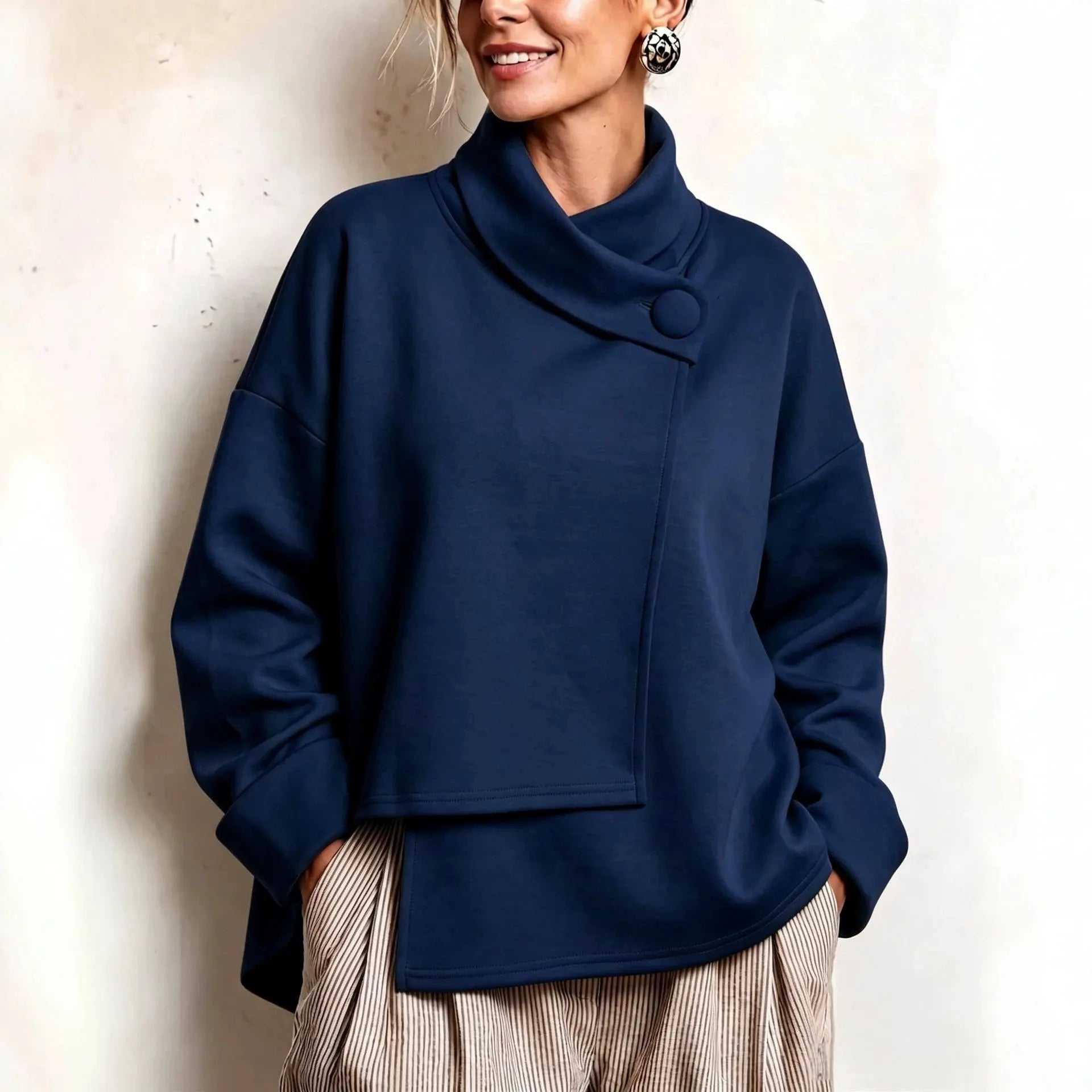 Asymmetric Button Turtleneck Sweatshirt Oversized Long Sleeve Wrap Collar Pullover