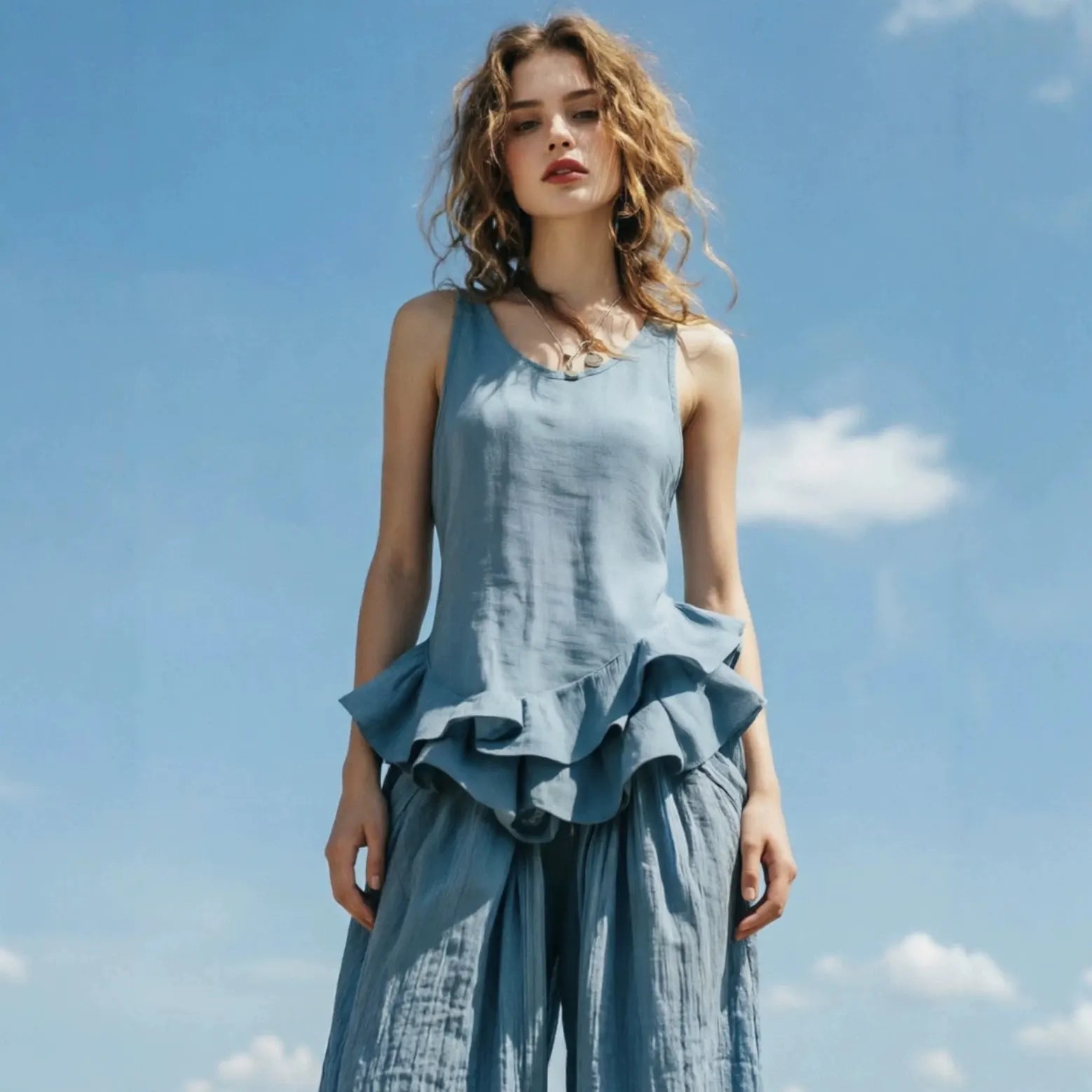 U-Neck Sleeveless Ruffle Hem Cotton Linen Tank Top