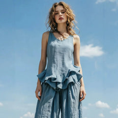 U-Neck Sleeveless Ruffle Hem Cotton Linen Tank Top