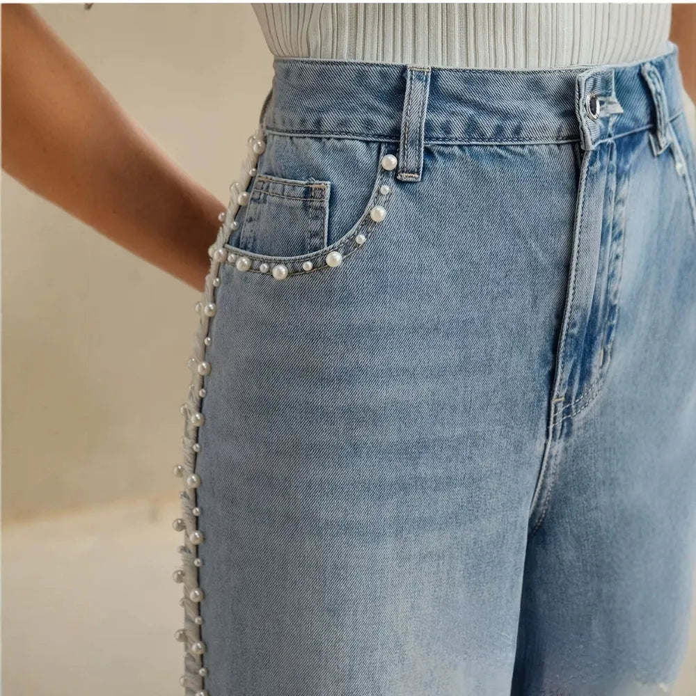 Mid Waist Pearl Beaded Straight Leg Denim Jeans