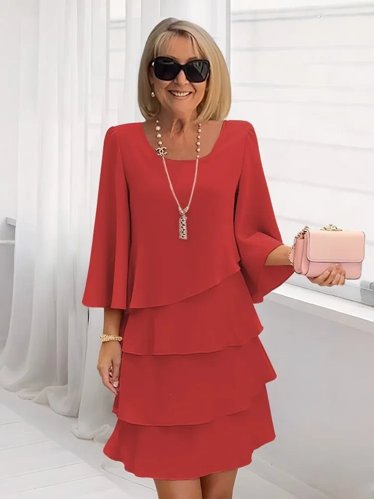 Solid Color Round Neck Layered Flared Sleeve Dress
