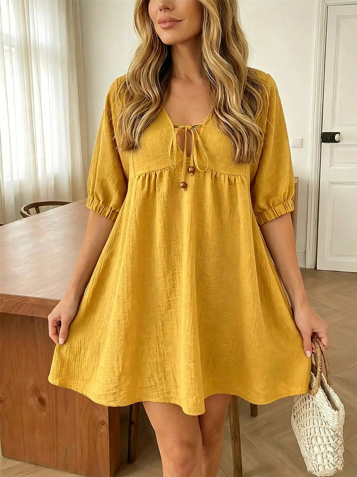 Lace-Up V-Neck Puff Sleeve A-Line Mini Dress