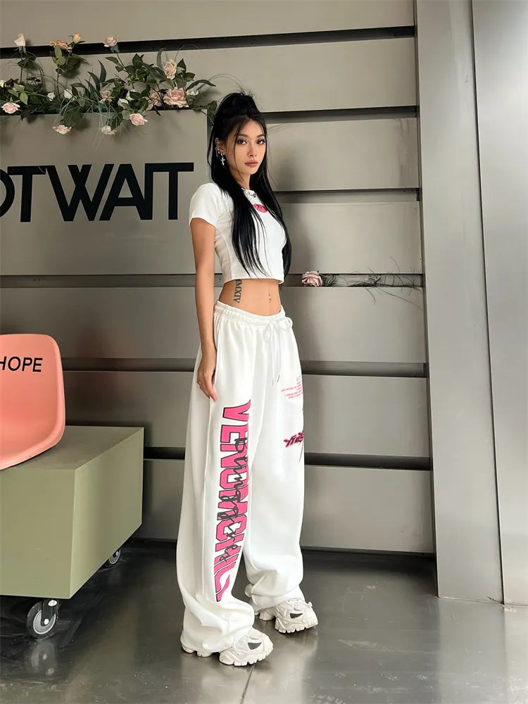 Letter Print Elastic Waist Baggy Wide Leg Sweatpants