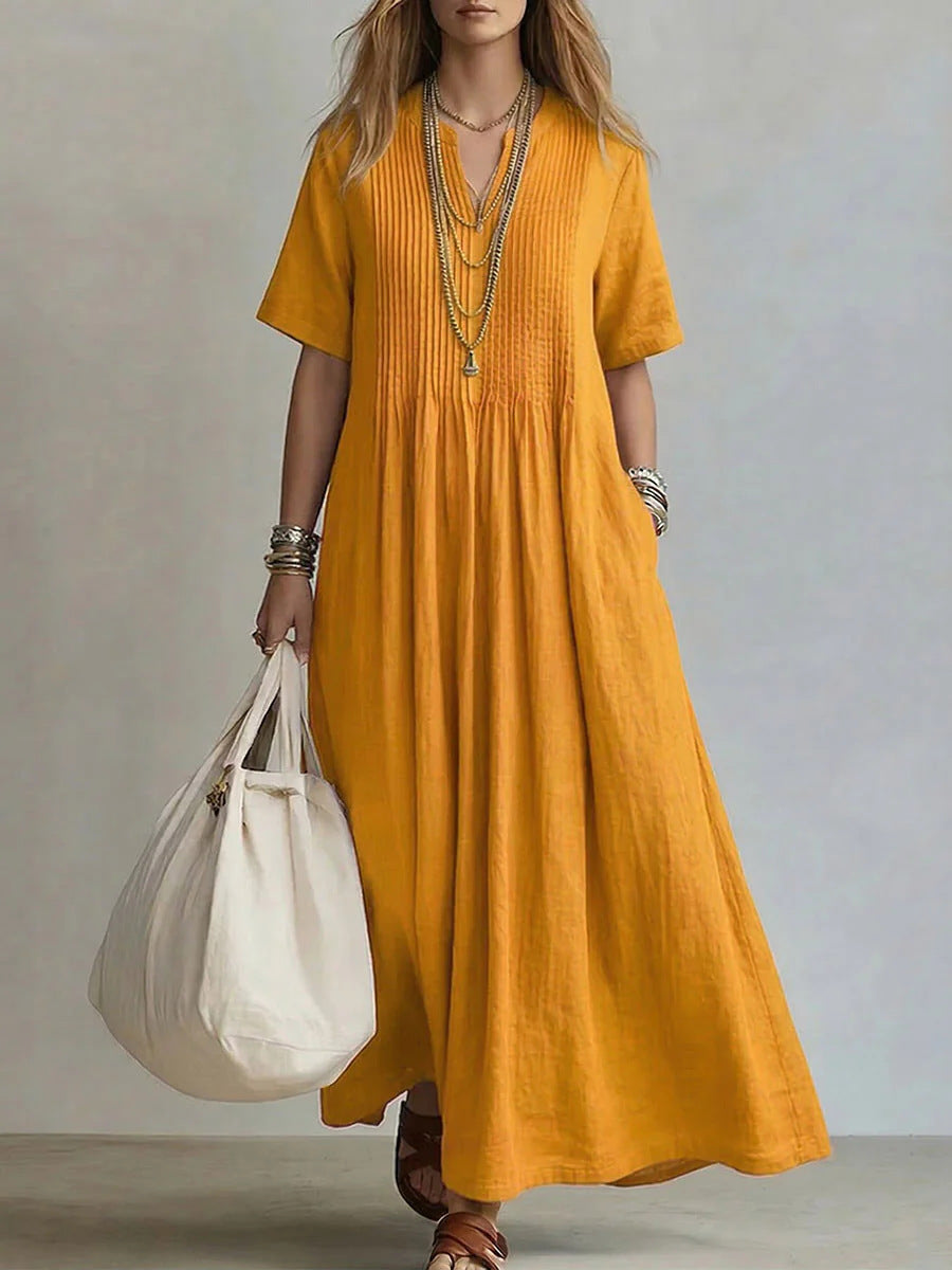 Solid Color V-Neck Pleated Loose Cotton Linen Maxi Casual Dress