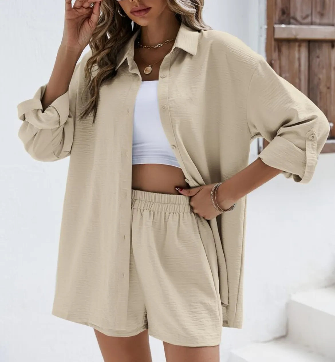 Loose Button Down Shirt & High Waist Shorts Outfit