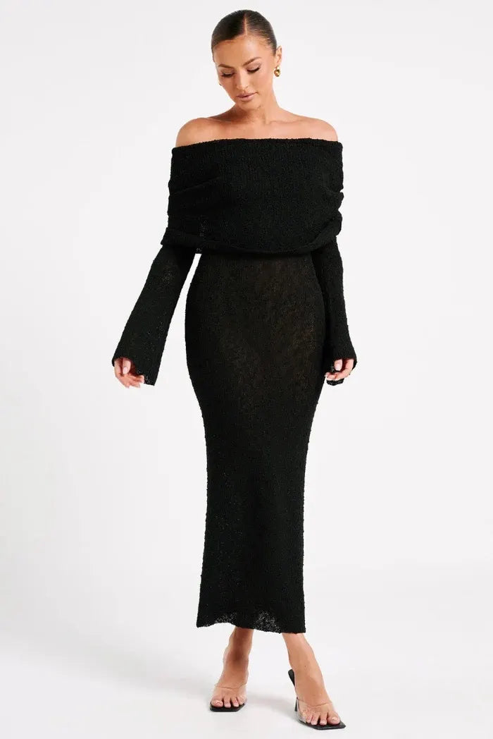 Pink Sequin Off-Shoulder Long Sleeve Midi Dress