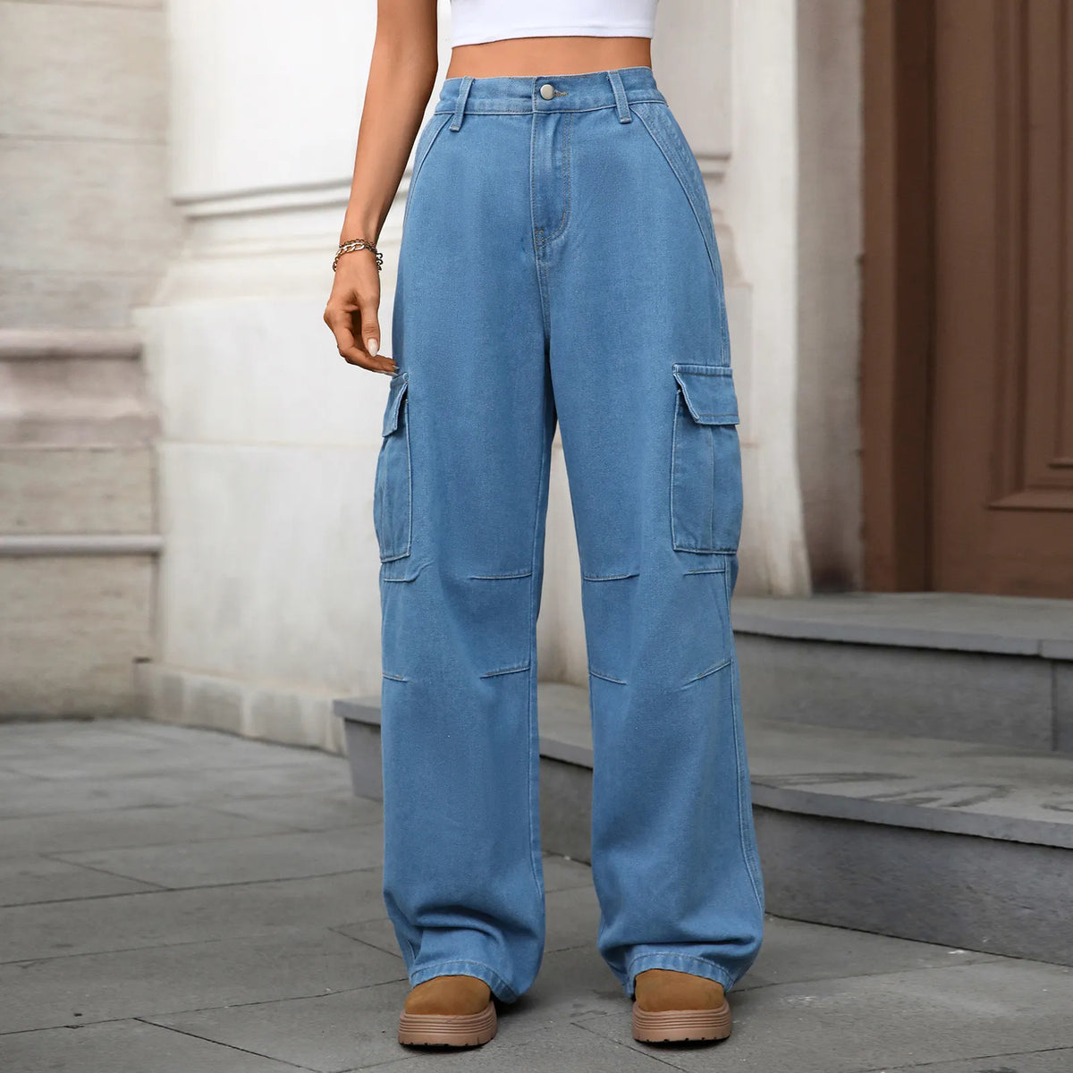 Mid-Rise Solid Color Denim Wide Leg Cargo Workwear Jeans
