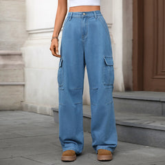 Mid-Rise Solid Color Denim Wide Leg Cargo Workwear Jeans