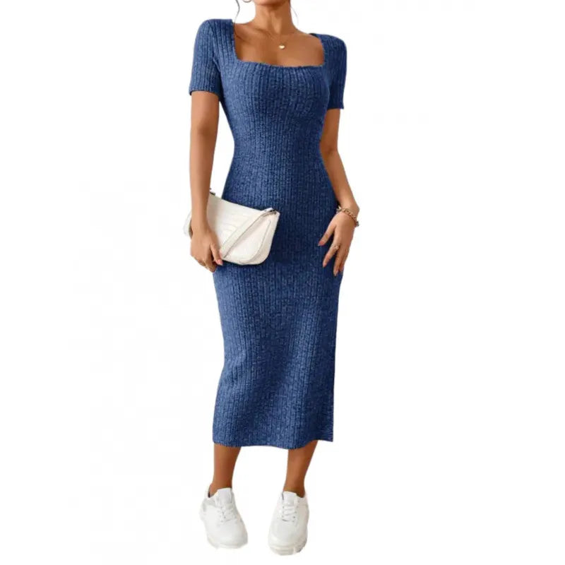 Square Neck Short Sleeve Ribbed Knit Bodycon Midi Dress with Side Slit