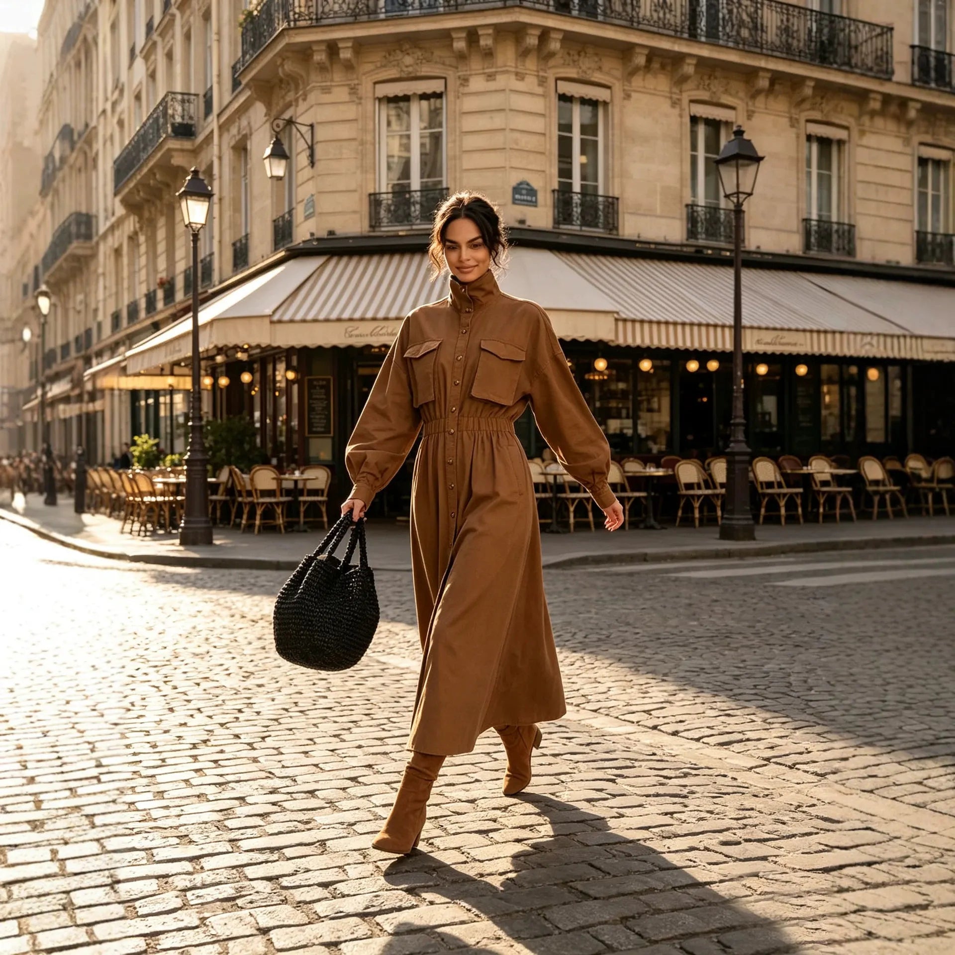 Ladies High Neck Button Down Midi Dress Long Sleeve Chest Pockets Cinched Waist Brown Autumn Dress