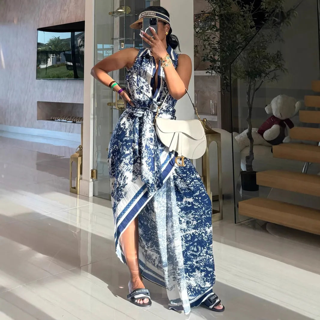 Porcelain Print Sleeveless Maxi Dress
