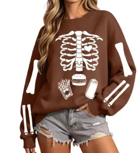 Halloween Skeleton Food Print Crew Neck Sweatshirt