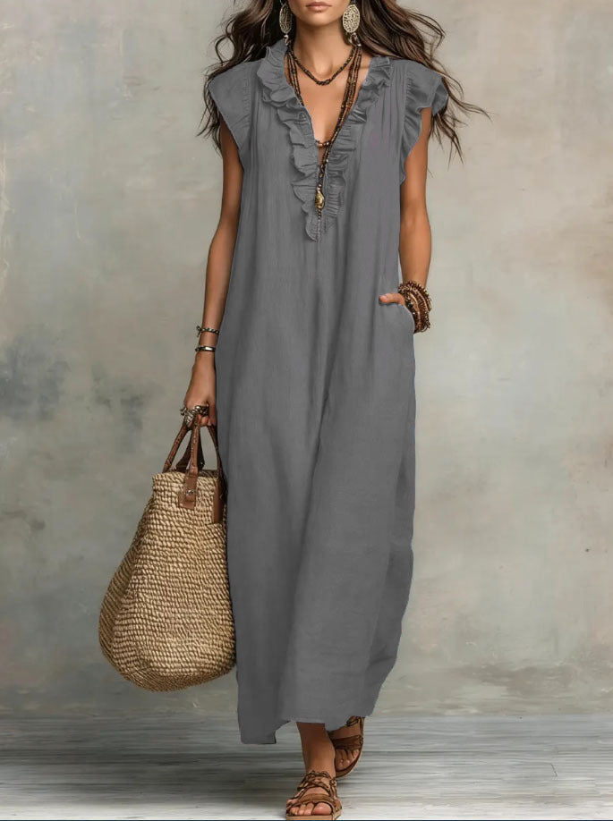 Woven Green Ruffle V-Neck Loose Maxi Dress