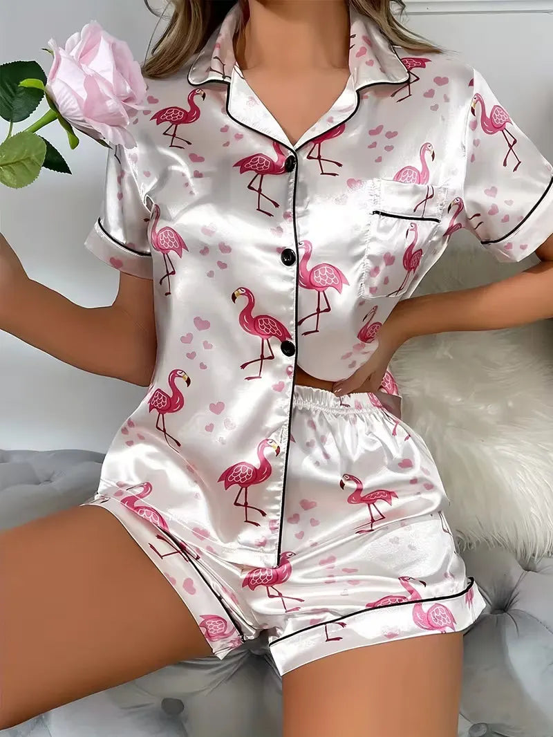 Ladies Plus Size Friendly Satin Pajama Set Cute Panda Heart Pattern Short Sleeve Top & Elastic Shorts Nightwear