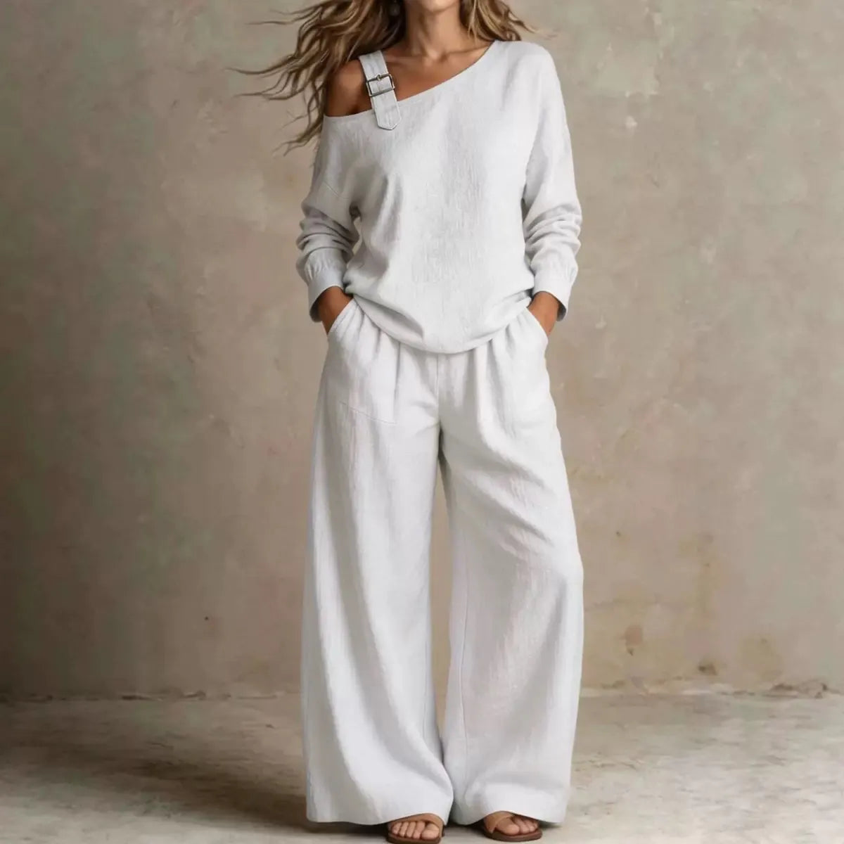 Buckle Detail Cold Shoulder Top Wide Leg Linen Pants Set